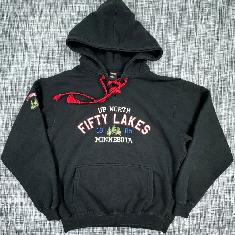 Signature Concepts Men's Hoodie Large Fifty Lakes Minnesota Black Lace Up